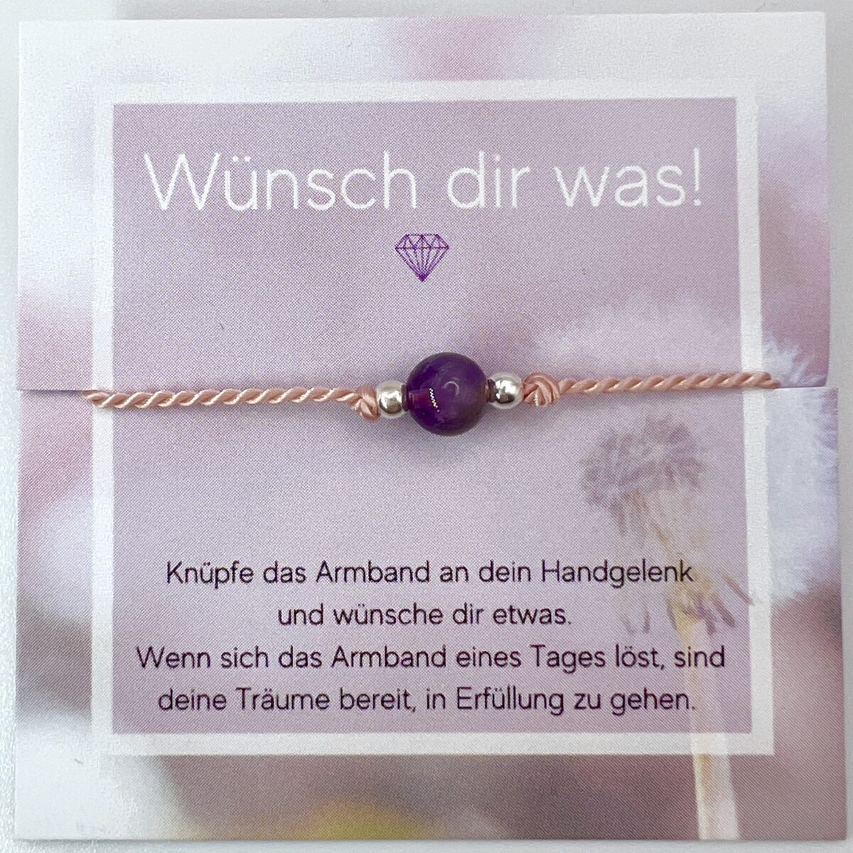 Amethyst Wunscharmband mit Kordel in hellrosa